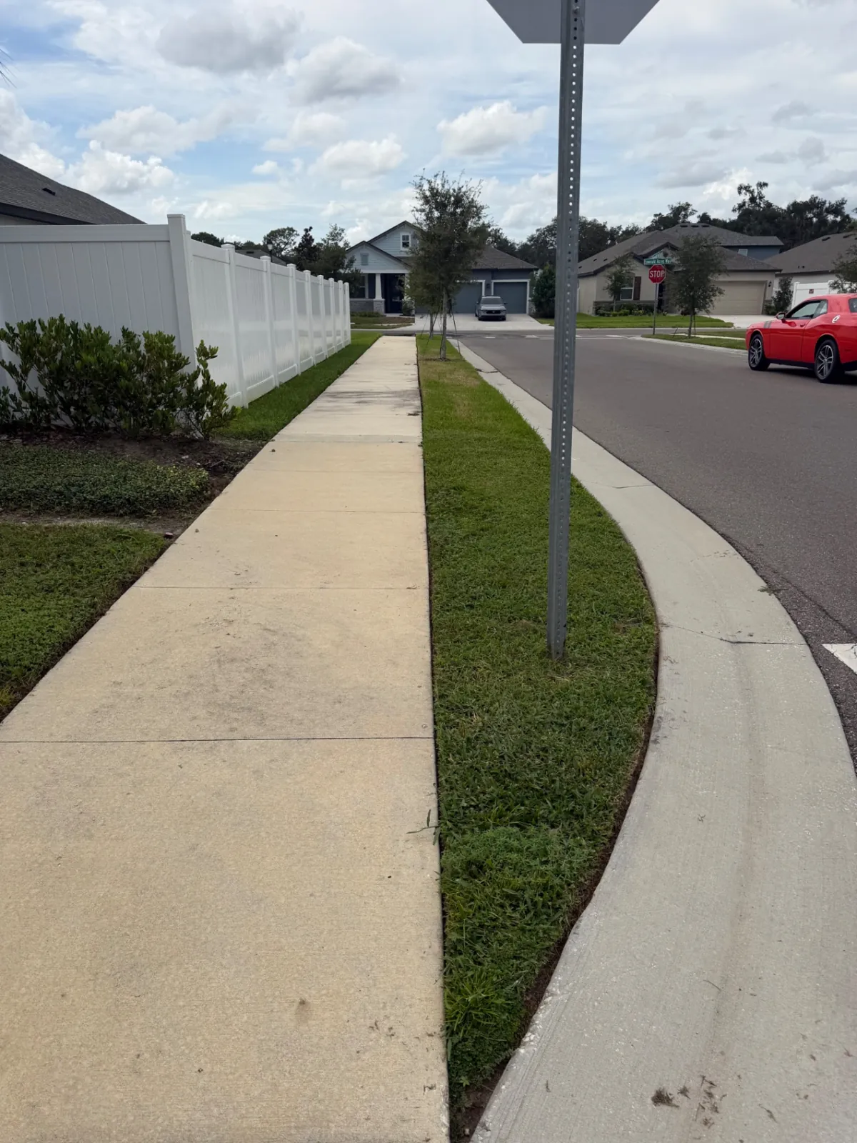 Crisp edging along a community sidewalk and curb