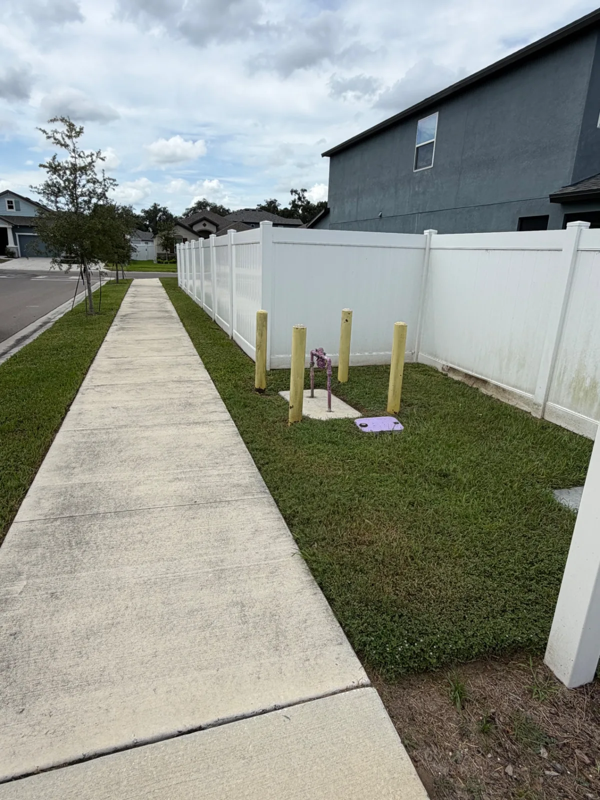 Edged sidewalk and trimmed lawn along a vinyl fence