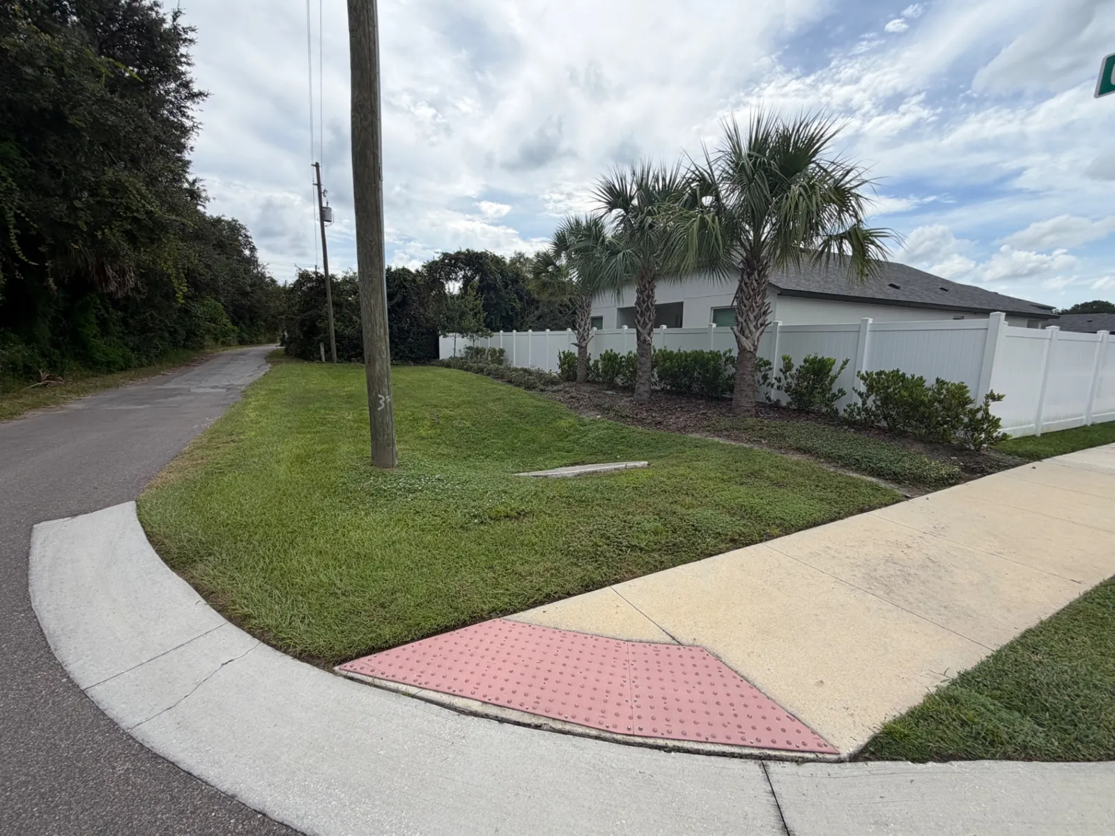 Freshly mowed corner lot with trimmed palms and shrubs
