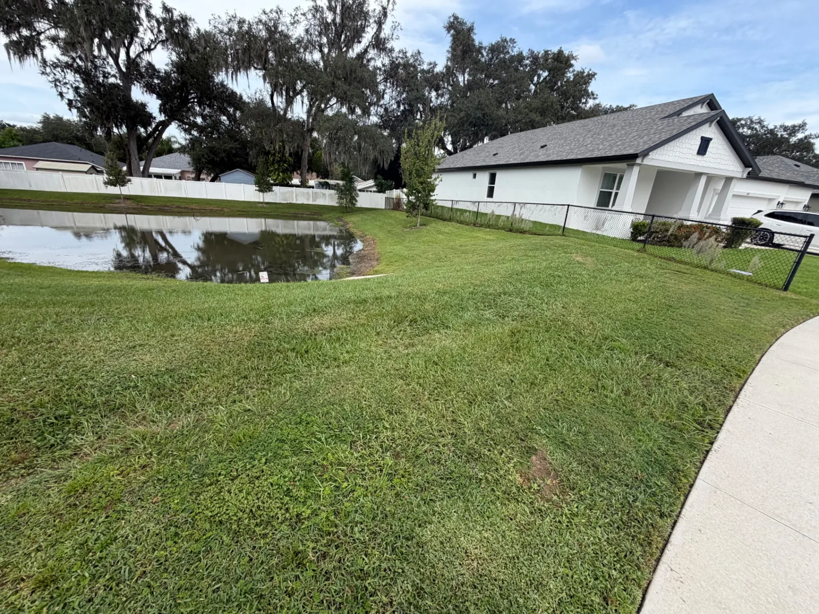 Maintained pond-side lawn in a residential community
