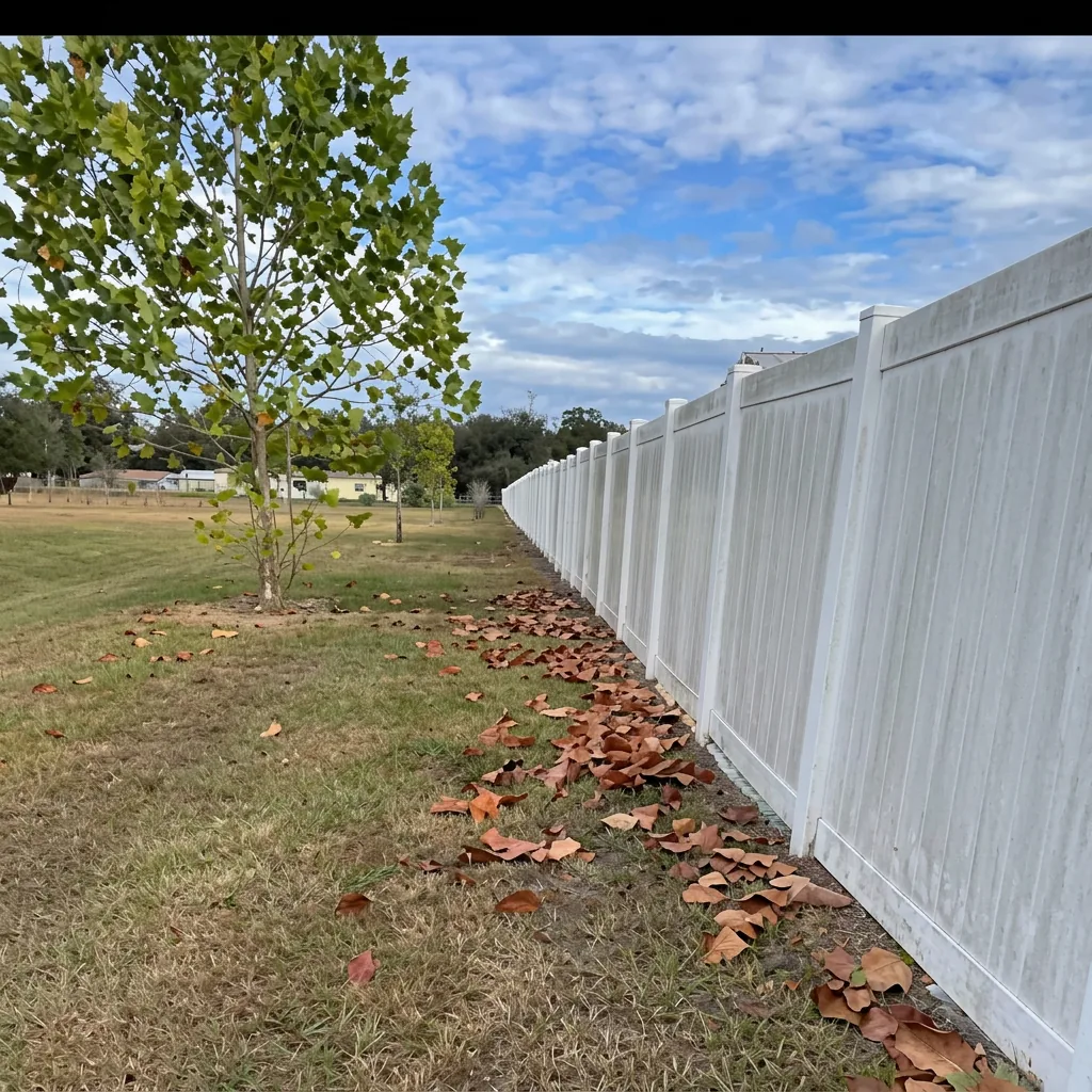 New white vinyl fence along a maintained lawn