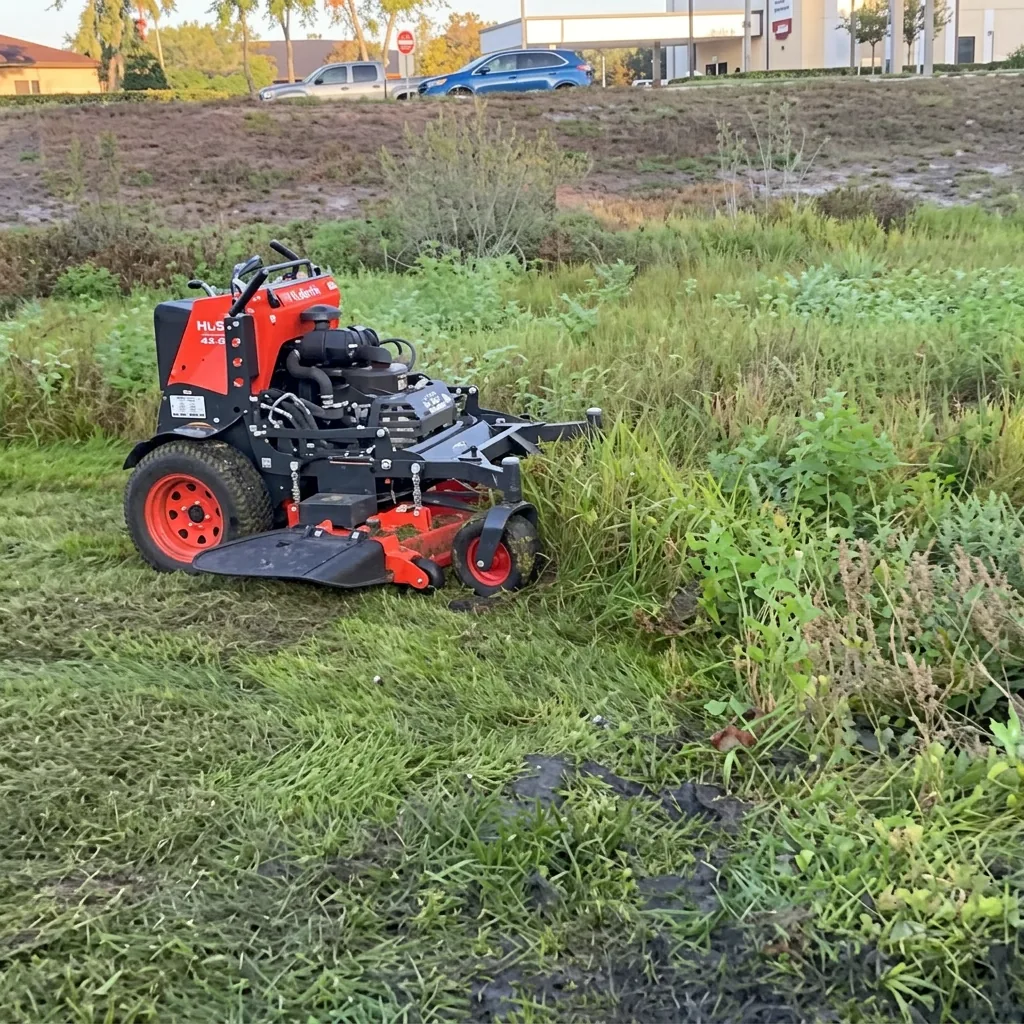 Commercial mower clearing an overgrown roadside area