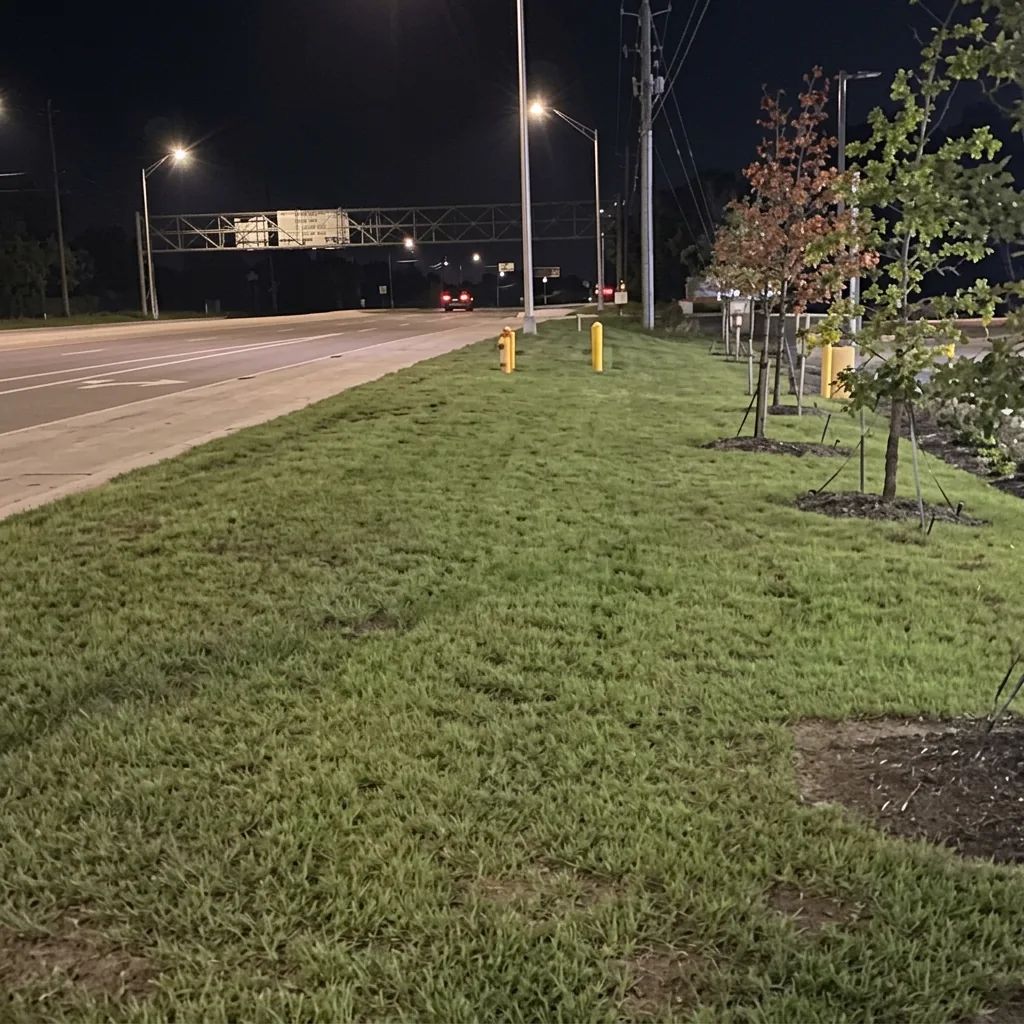 Newly installed commercial lawn and trees at night