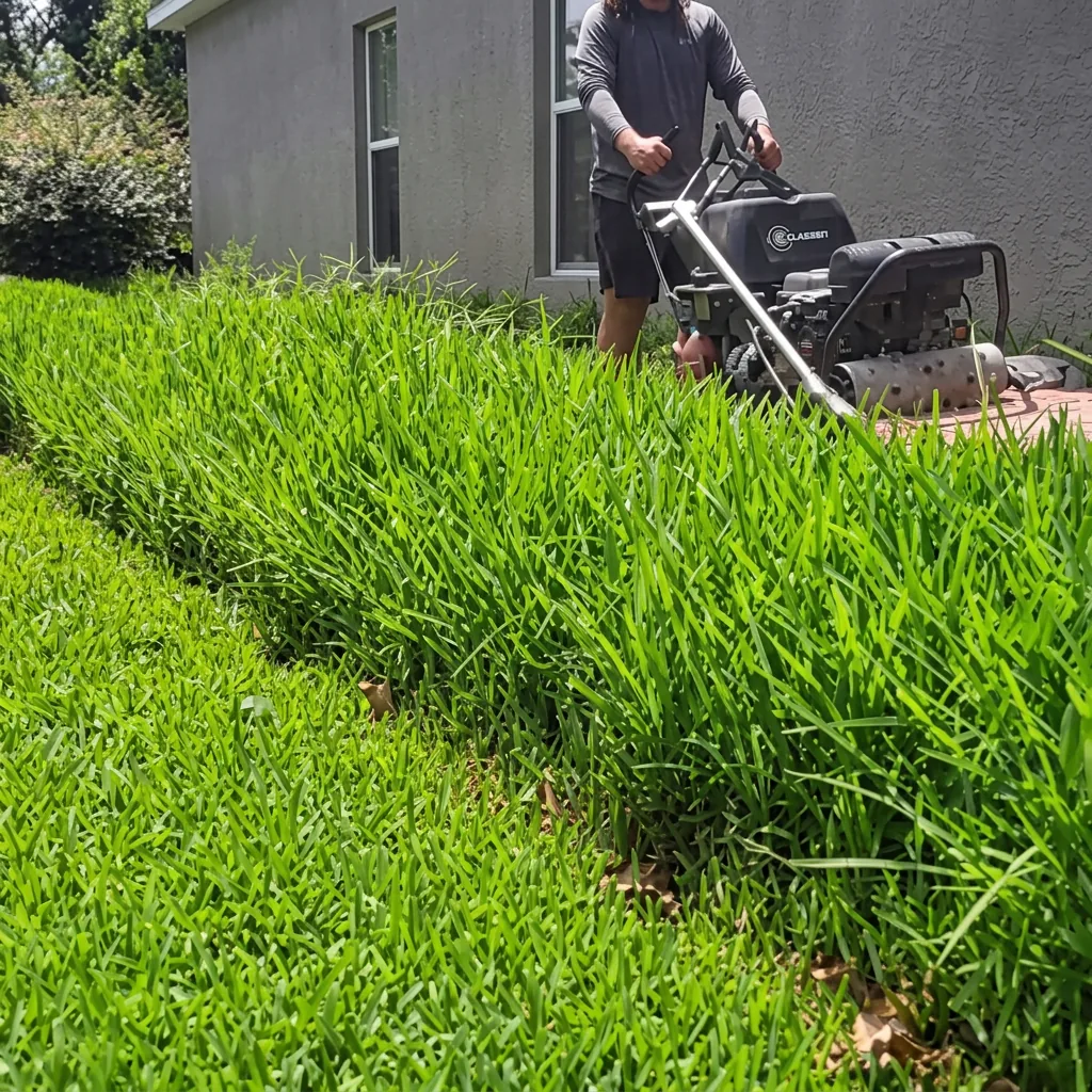 Crew member mowing thick residential grass