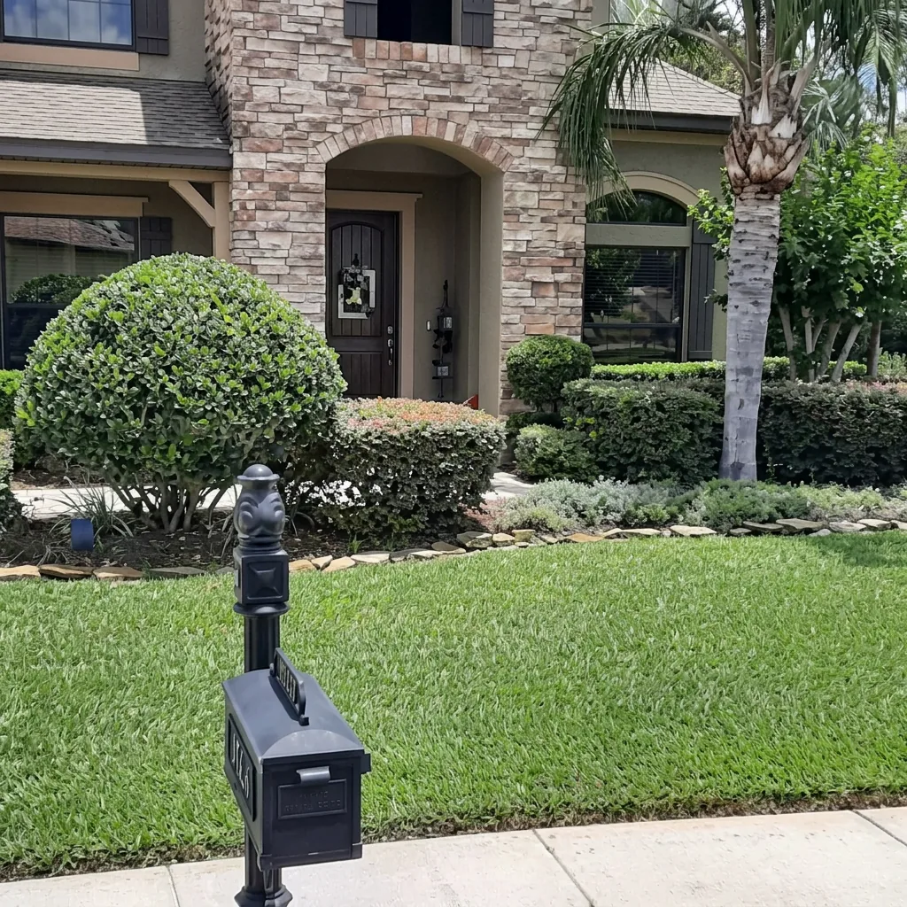 Finished residential lawn and professionally trimmed shrubs