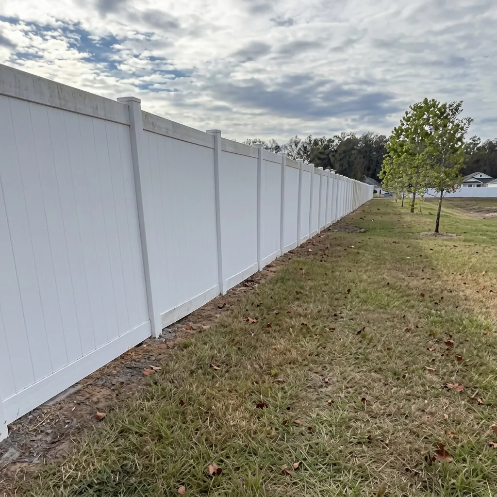 Long white vinyl fence line beside fresh-cut grass