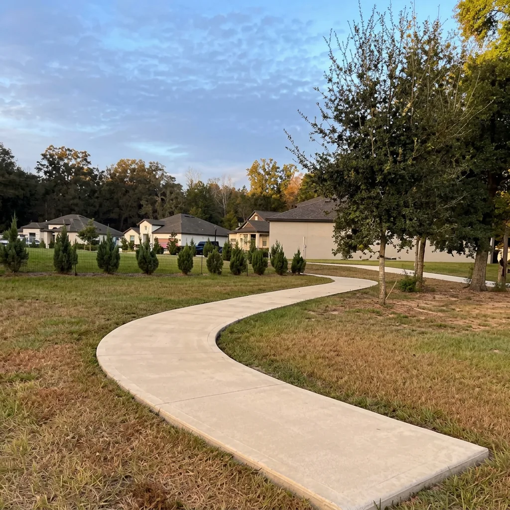 Curved concrete walkway through a manicured lawn