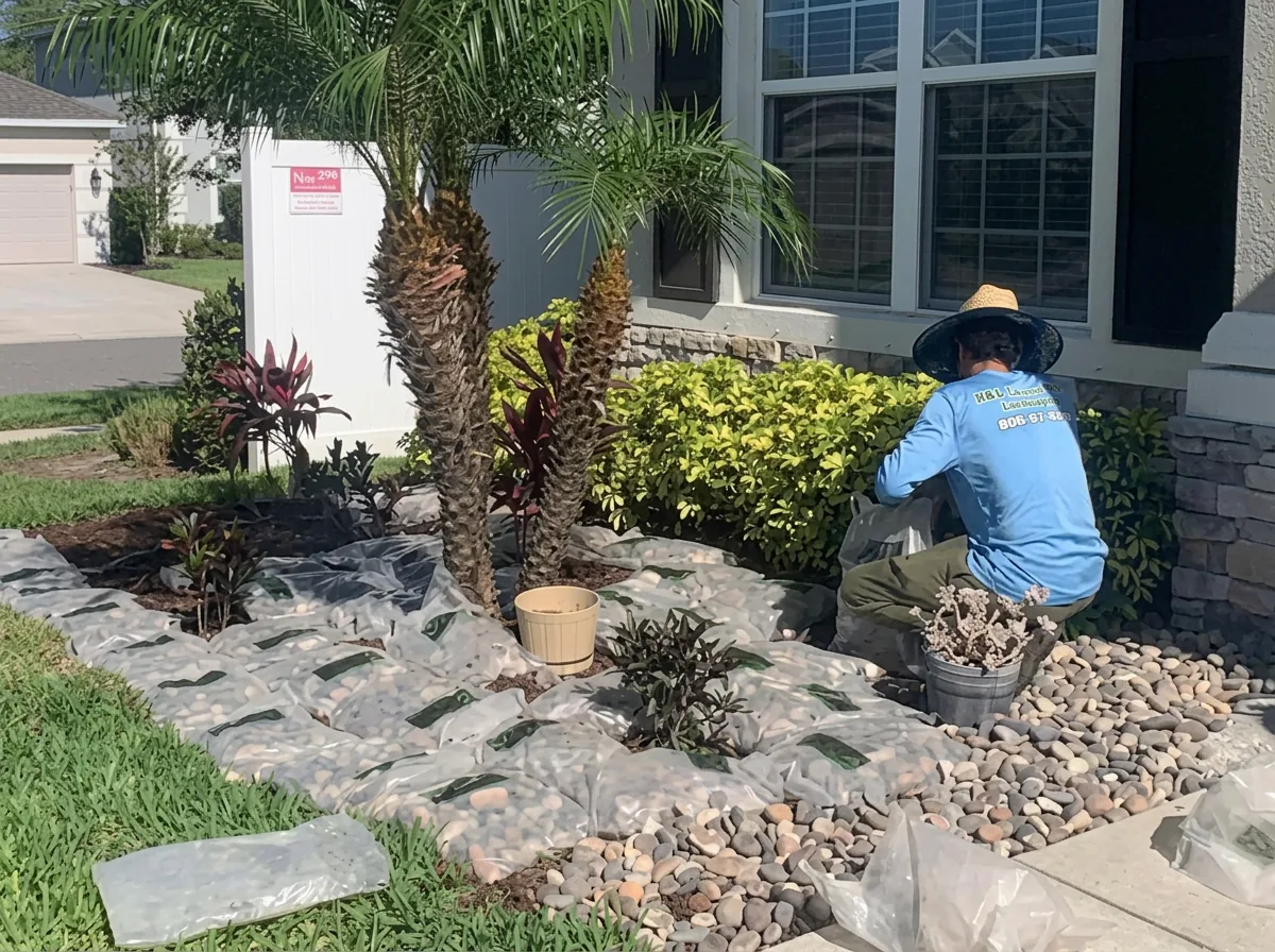 Crew member tending a landscaped rock bed