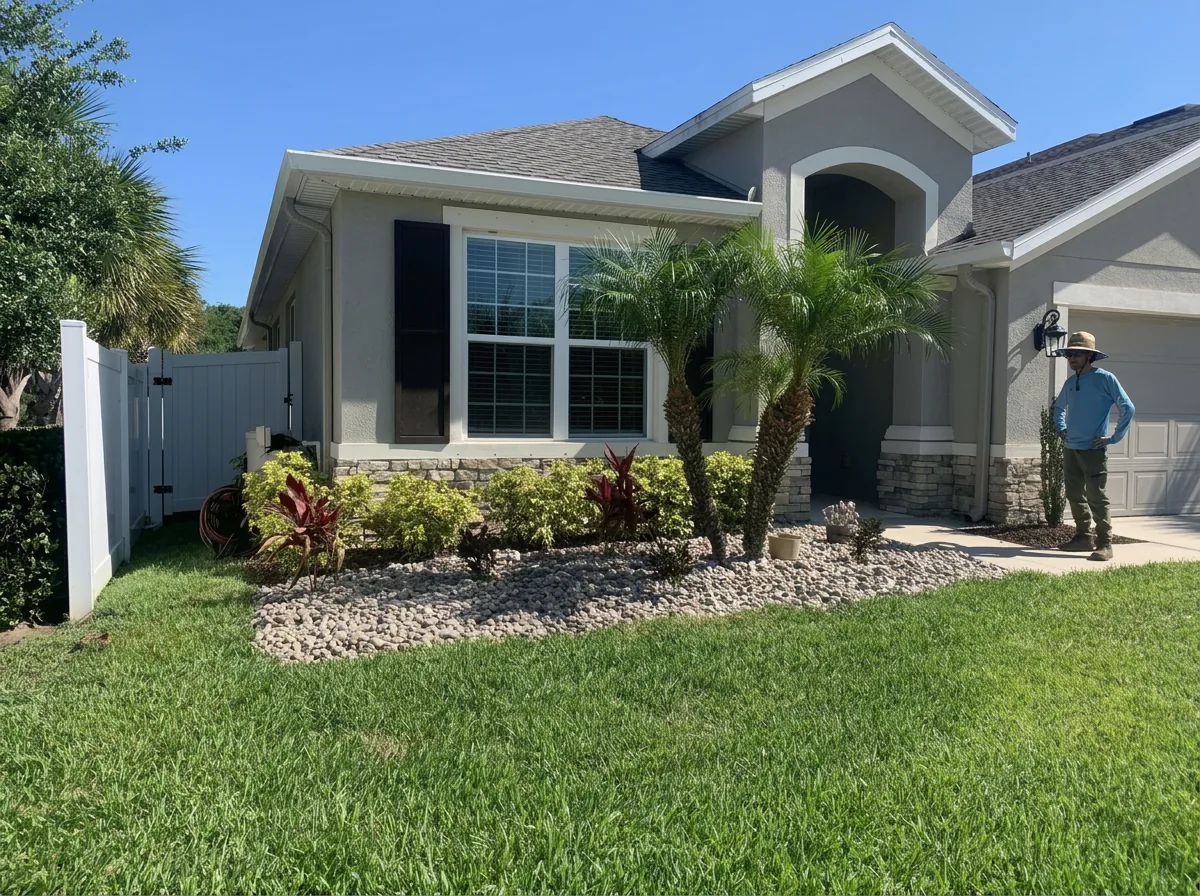 Finished front yard with river rock beds