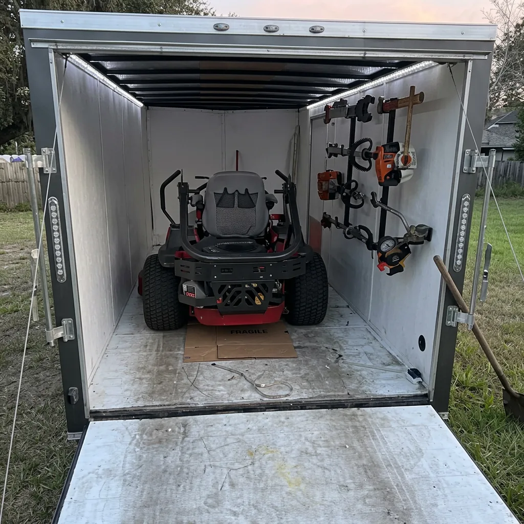 Organized lawn equipment inside a Clean & Trim work trailer